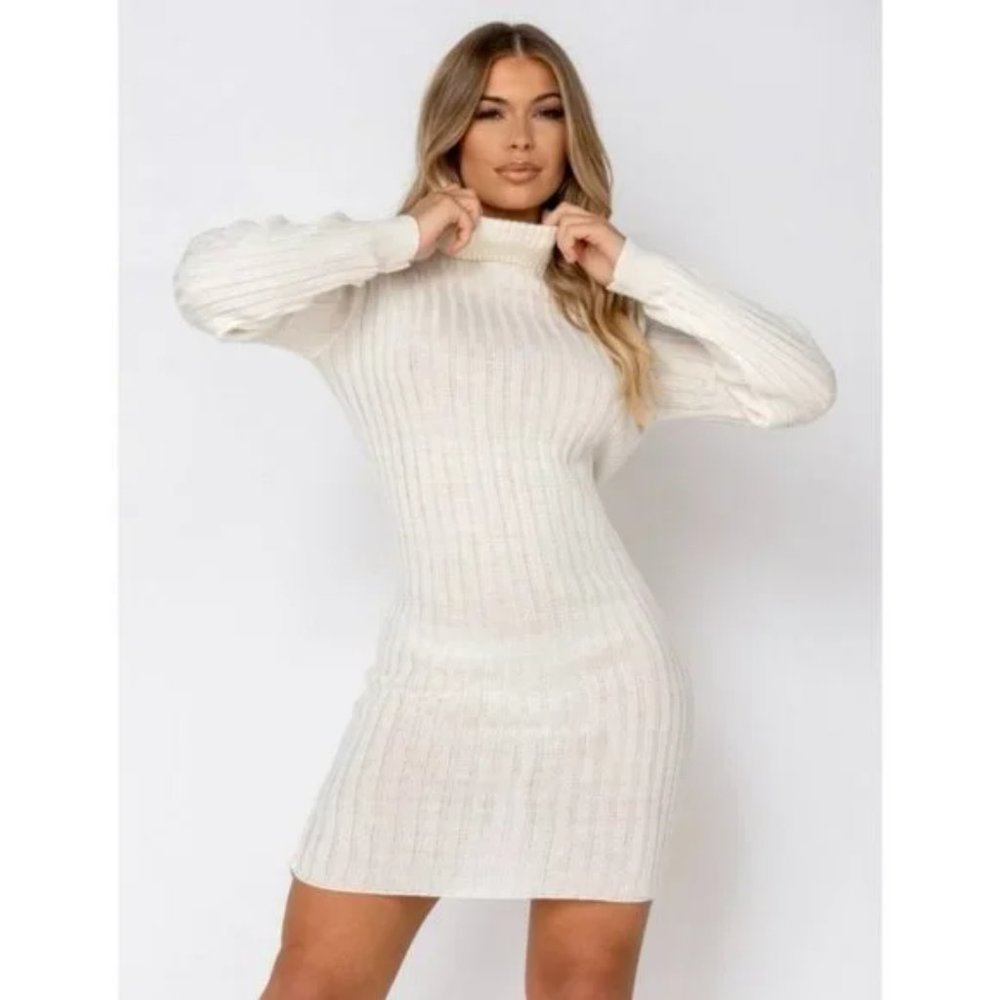 Knitted Turtle Neck Long Sleeve Mini Sweater Dress